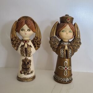 2 Vtg Ardco Paper Mach/Chalkware? Christmas Angels White & Gold Robes Japan 8"